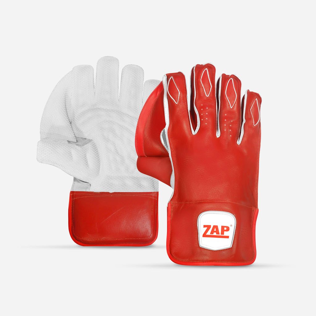 The white and red coloured ZAP Instinct Wicket Keeping Gloves